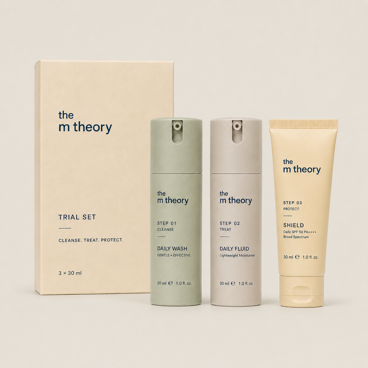 mtheory trial set with Daily Wash, Daily Fluid and Shield